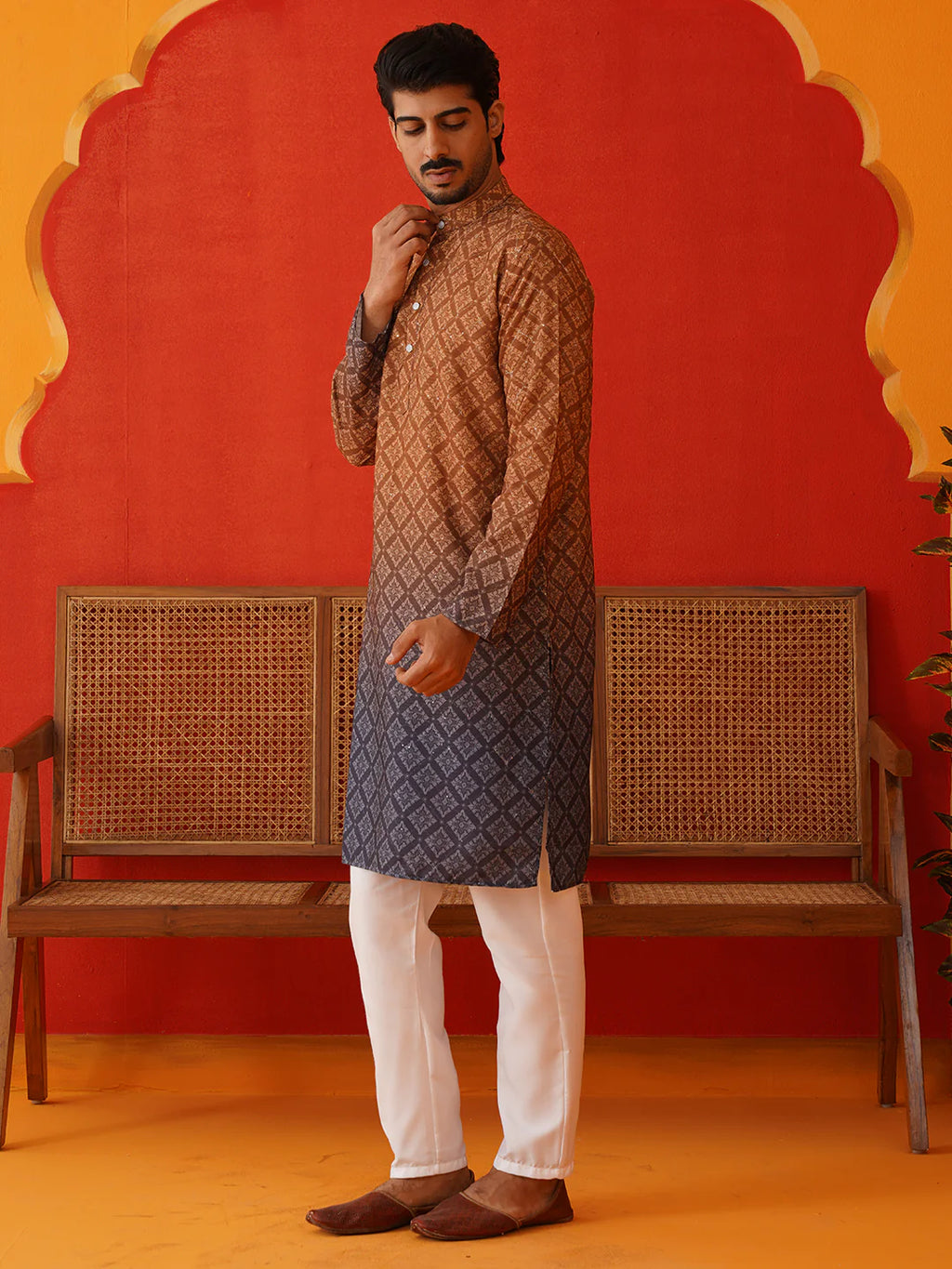brown ombre printed kurta pyjama set for men