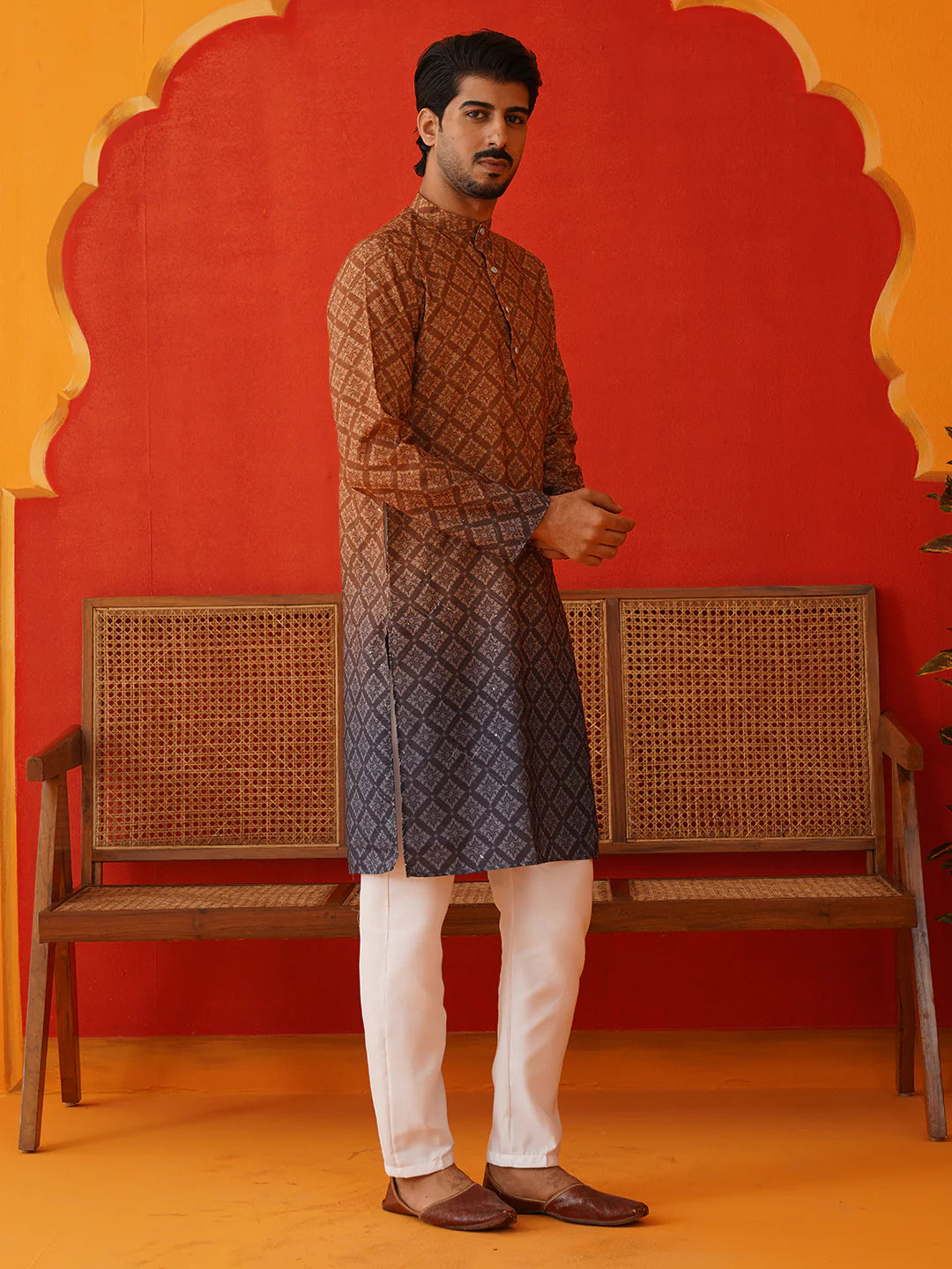 brown ombre printed kurta pyjama set for men