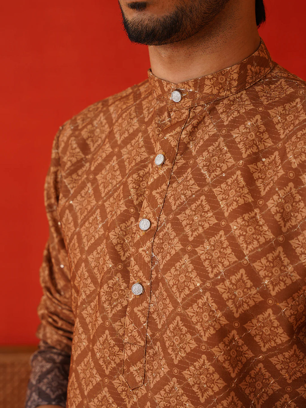 brown ombre printed kurta pyjama set for men