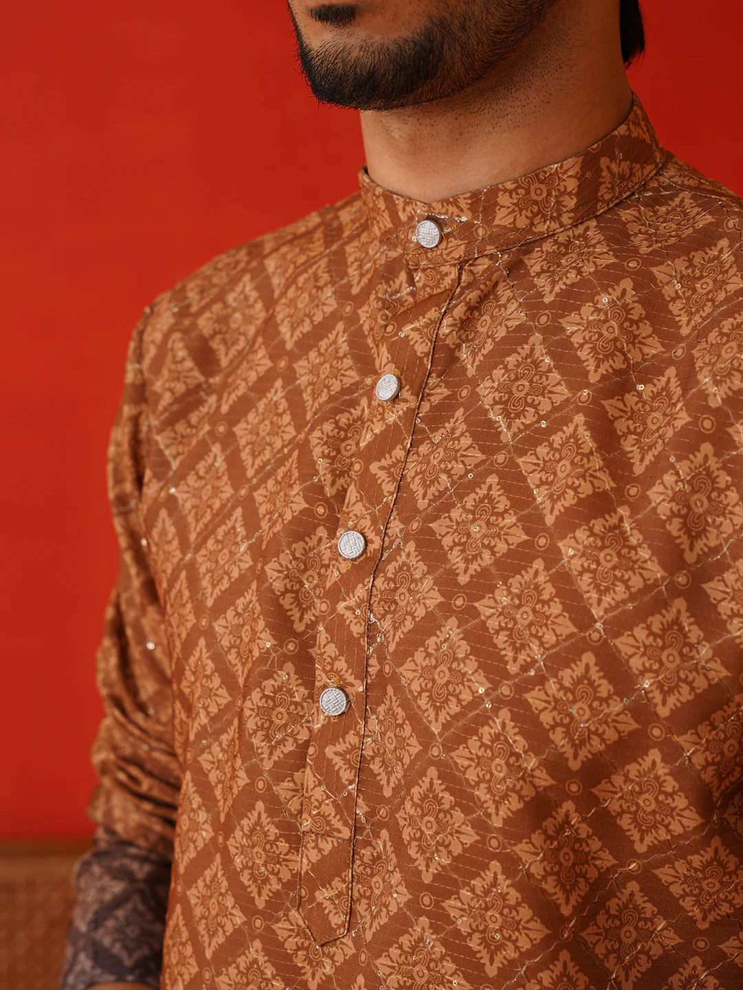 brown ombre printed kurta pyjama set for men
