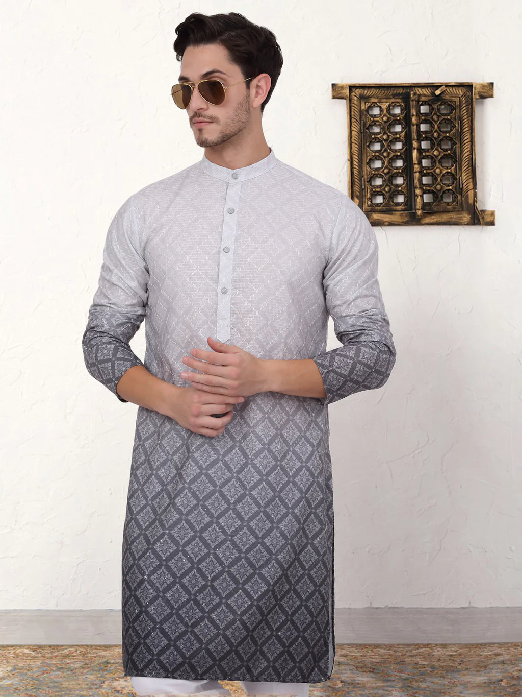 mens grey ombre printed kurta pyjama set