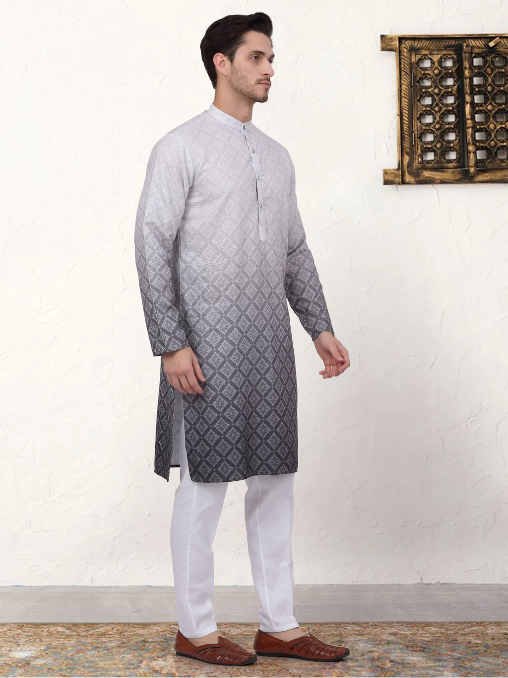 mens grey ombre printed kurta pyjama set