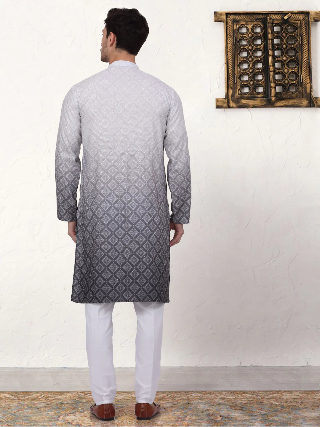 mens grey ombre printed kurta pyjama set