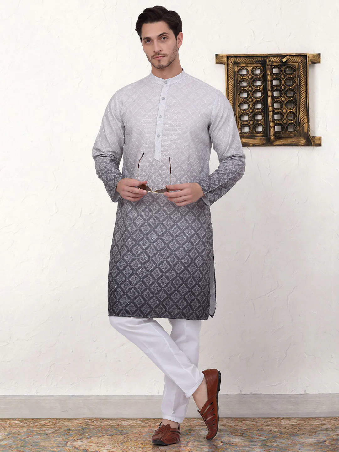 mens grey ombre printed kurta pyjama set