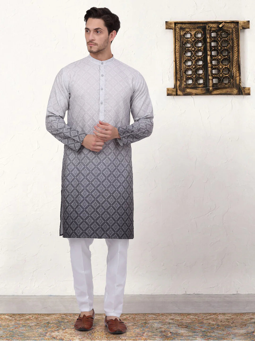 mens grey ombre printed kurta pyjama set