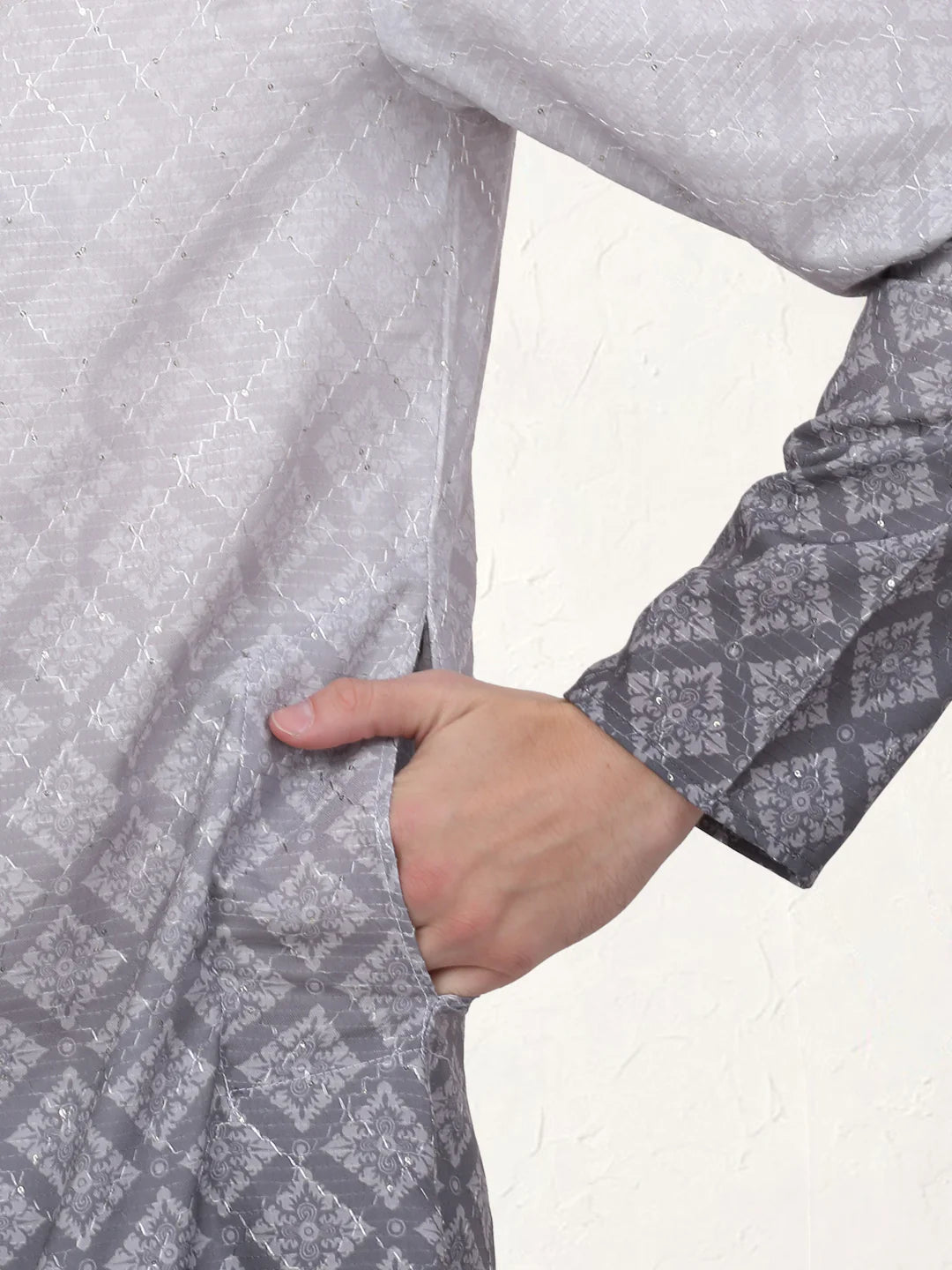 mens grey ombre printed kurta pyjama set
