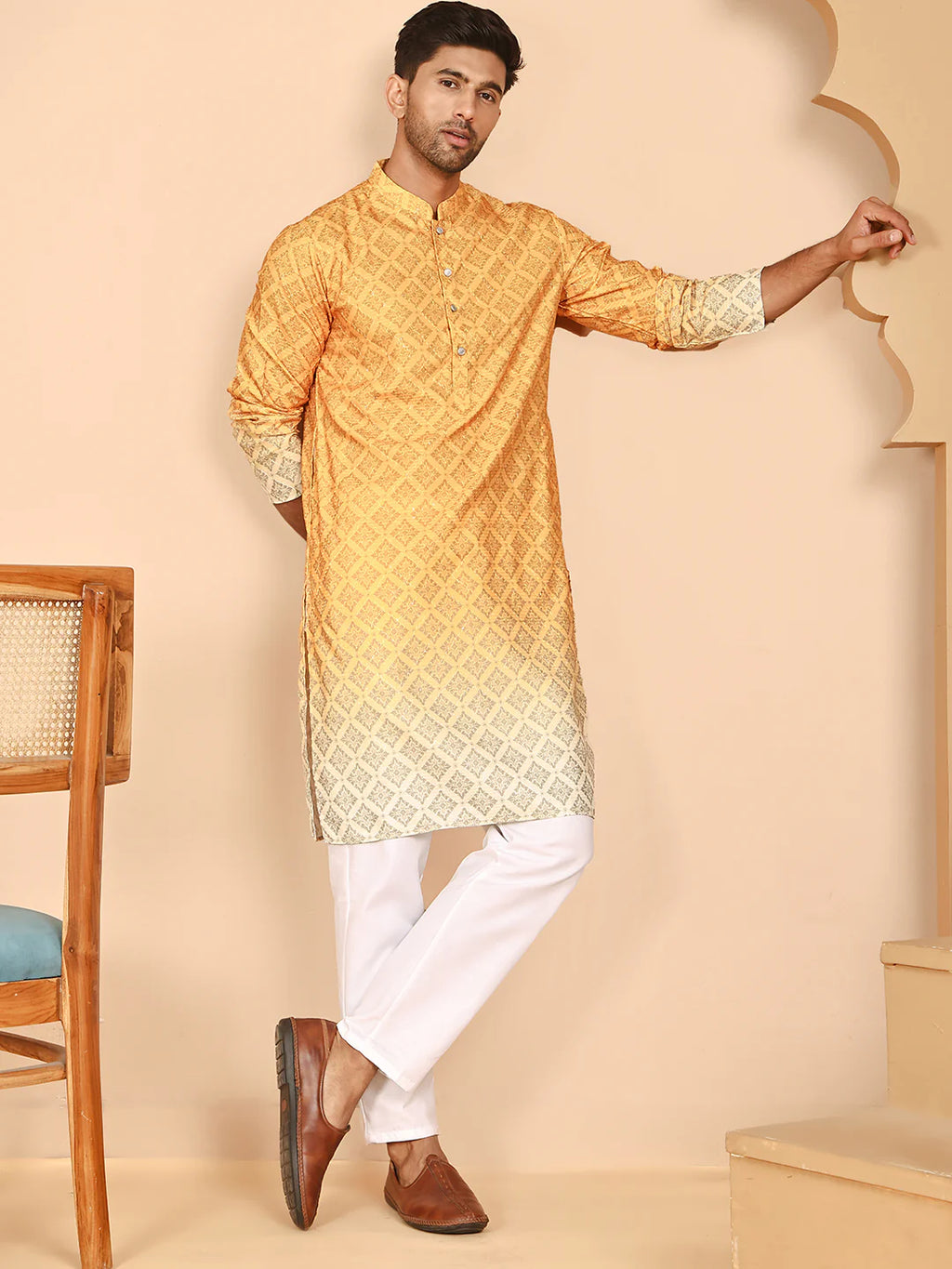 ombre printed kurta pyjama set for men mustard