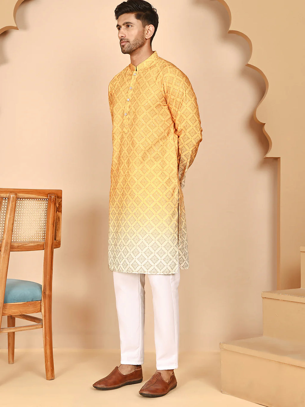 ombre printed kurta pyjama set for men mustard