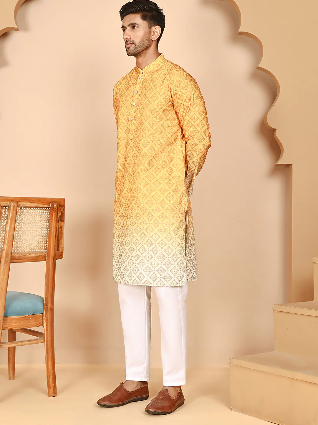 ombre printed kurta pyjama set for men mustard