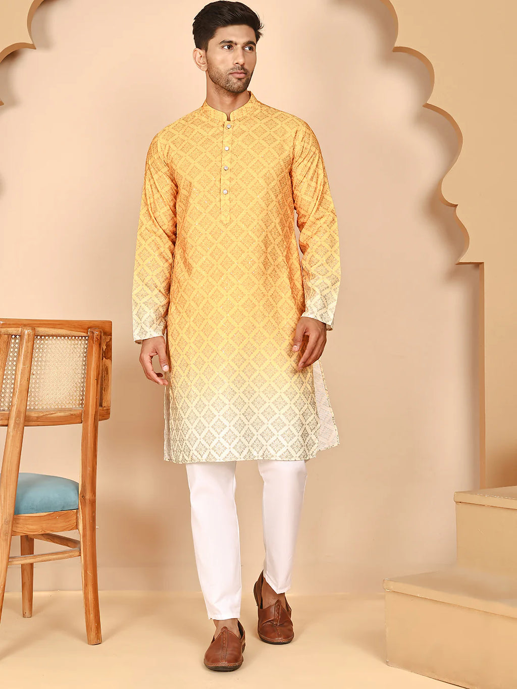ombre printed kurta pyjama set for men mustard