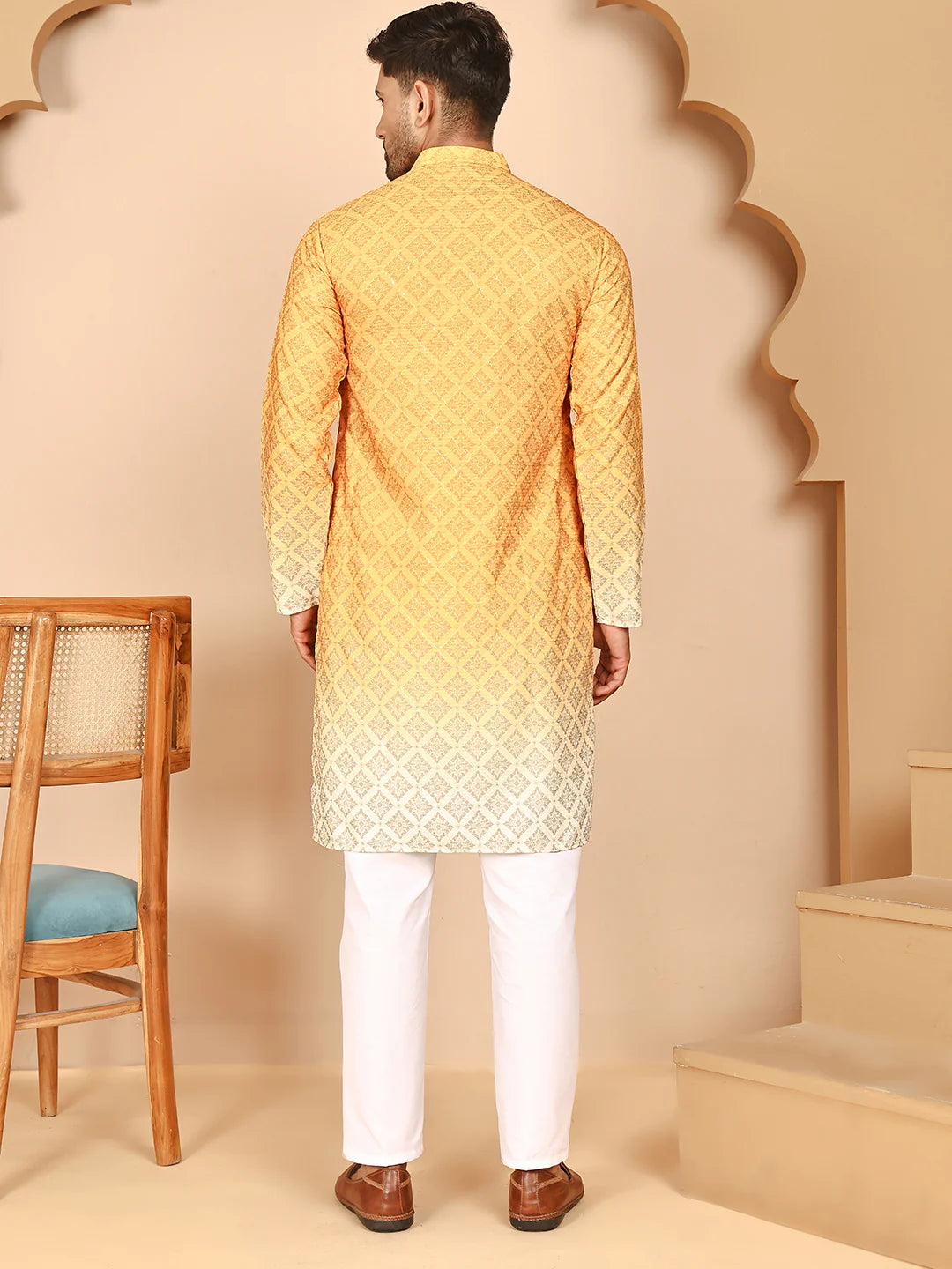 ombre printed kurta pyjama set for men mustard