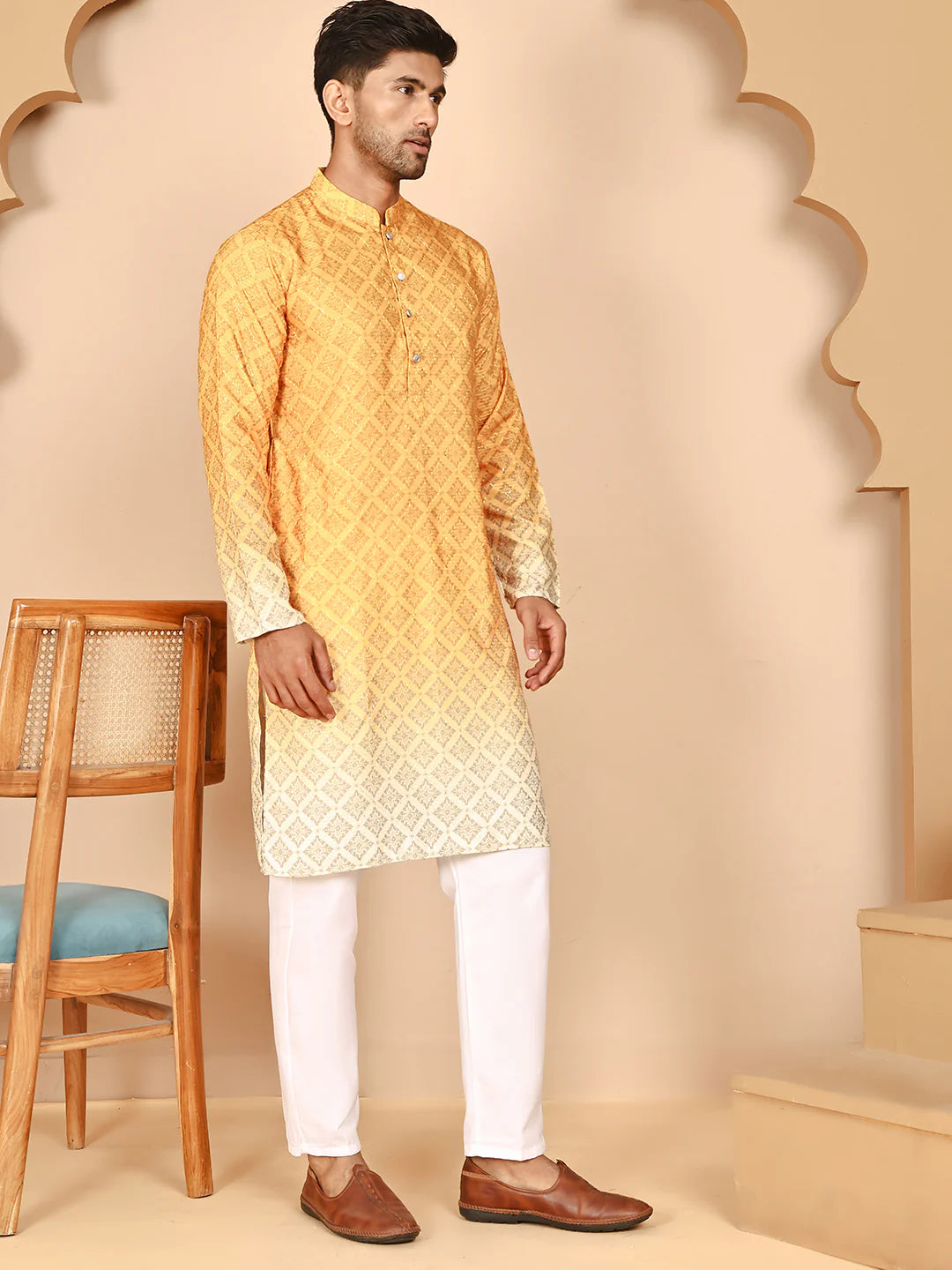 ombre printed kurta pyjama set for men mustard