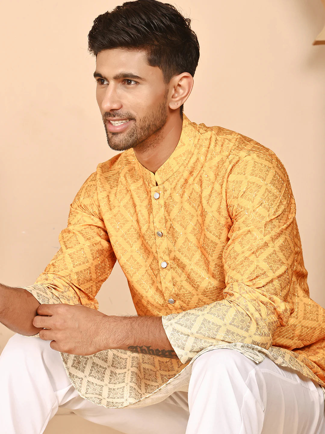 ombre printed kurta pyjama set for men mustard