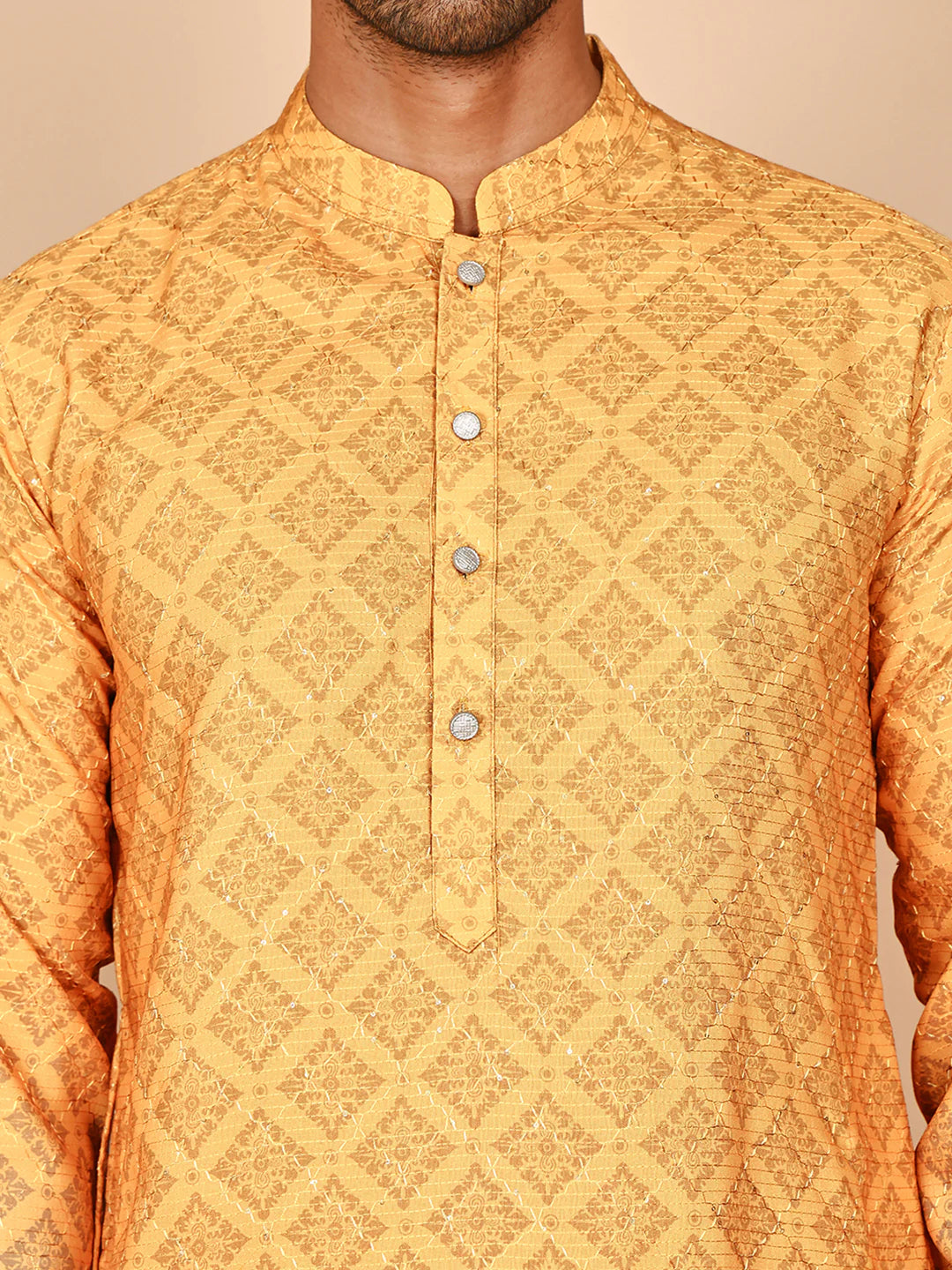 ombre printed kurta pyjama set for men mustard