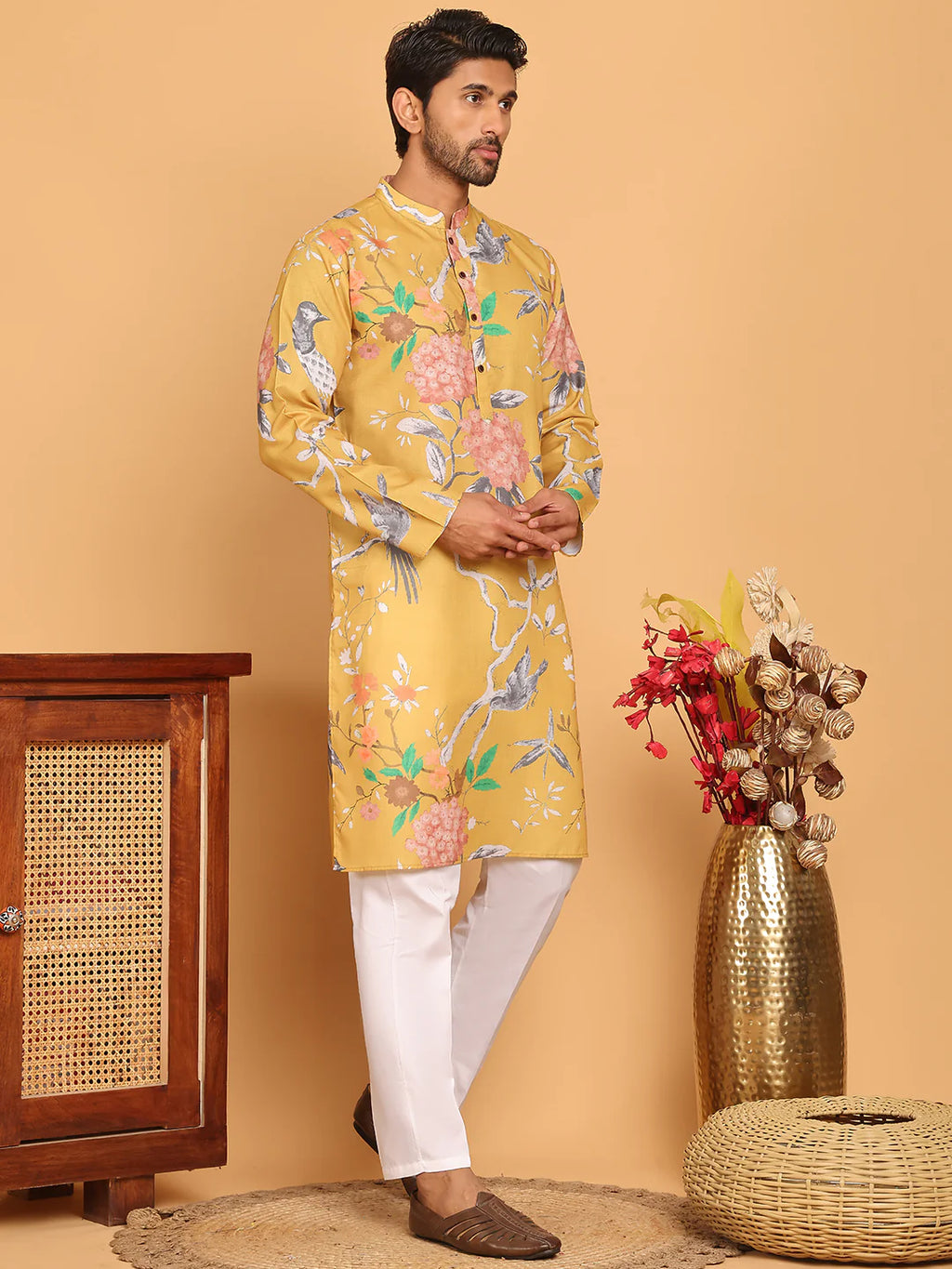 mens animal printed pure cotton straight kurta pyjama set