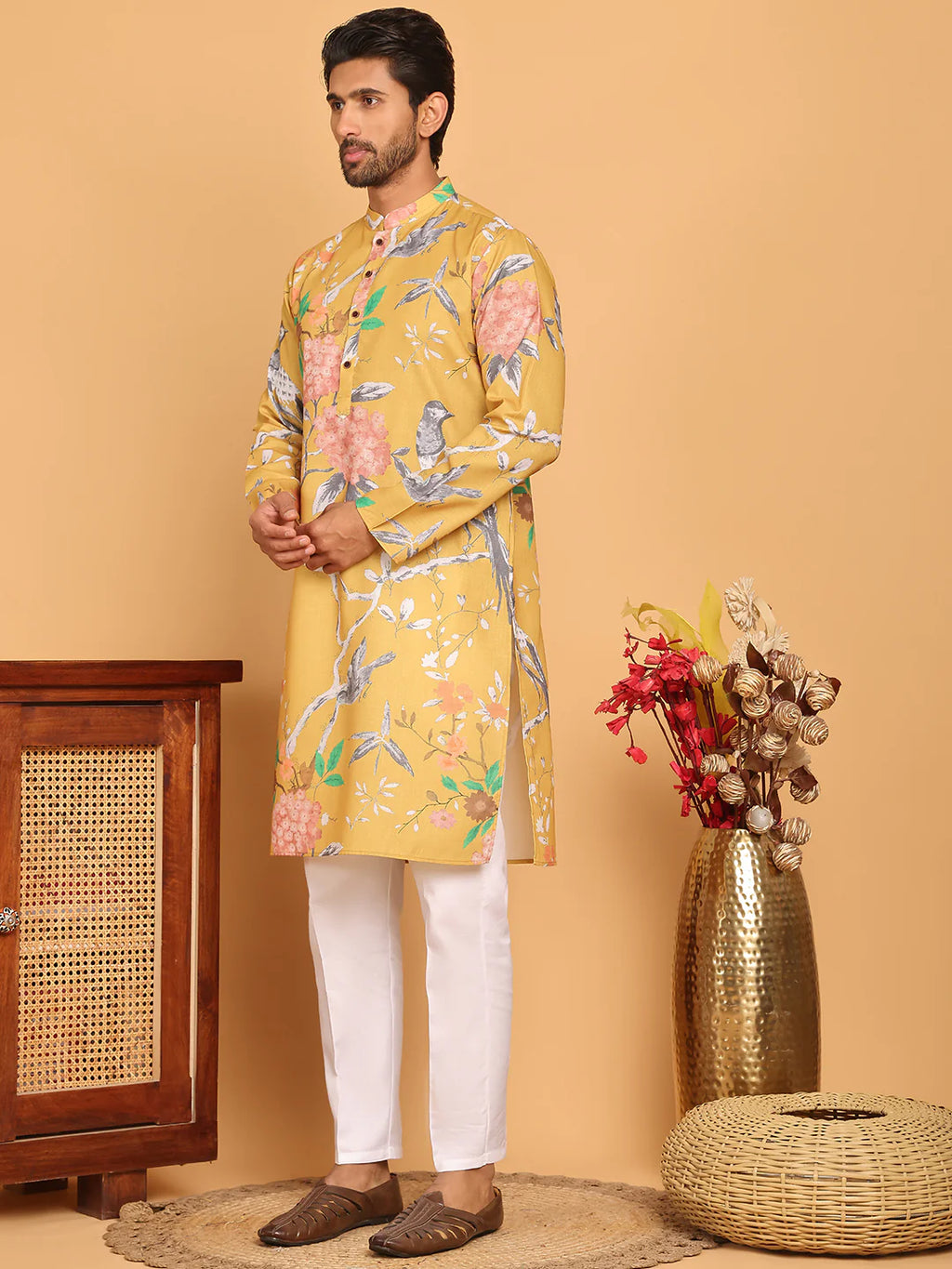 mens animal printed pure cotton straight kurta pyjama set