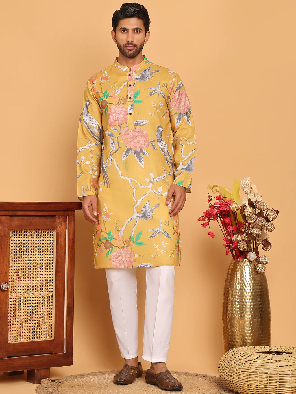 mens animal printed pure cotton straight kurta pyjama set