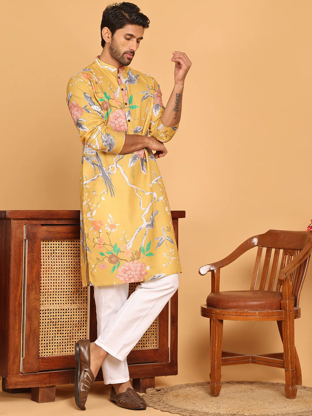 mens animal printed pure cotton straight kurta pyjama set