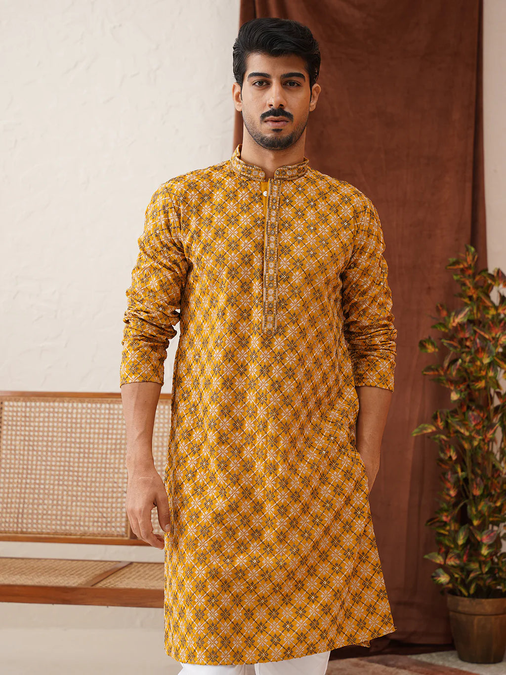 embroidered kurta pyjama set for men mustard