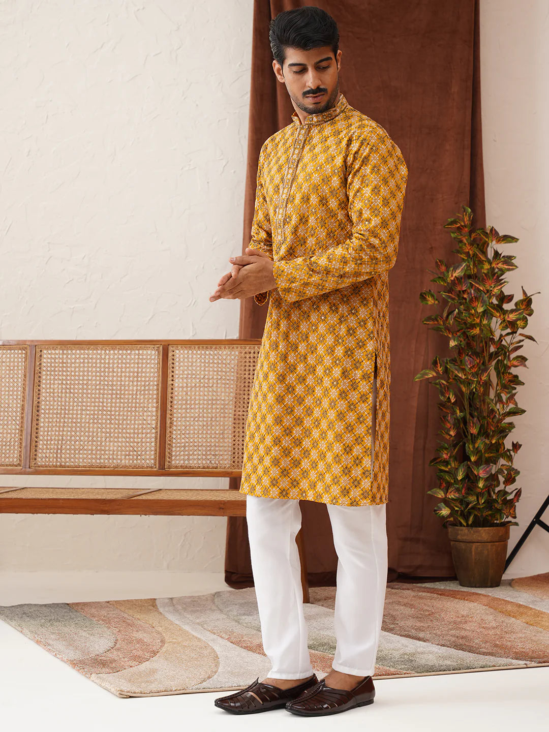 embroidered kurta pyjama set for men mustard