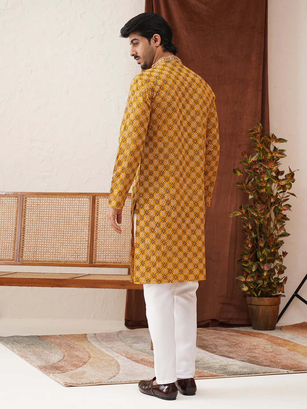 embroidered kurta pyjama set for men mustard