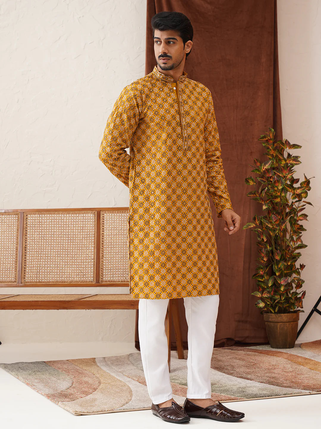 embroidered kurta pyjama set for men mustard