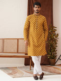 embroidered kurta pyjama set for men mustard