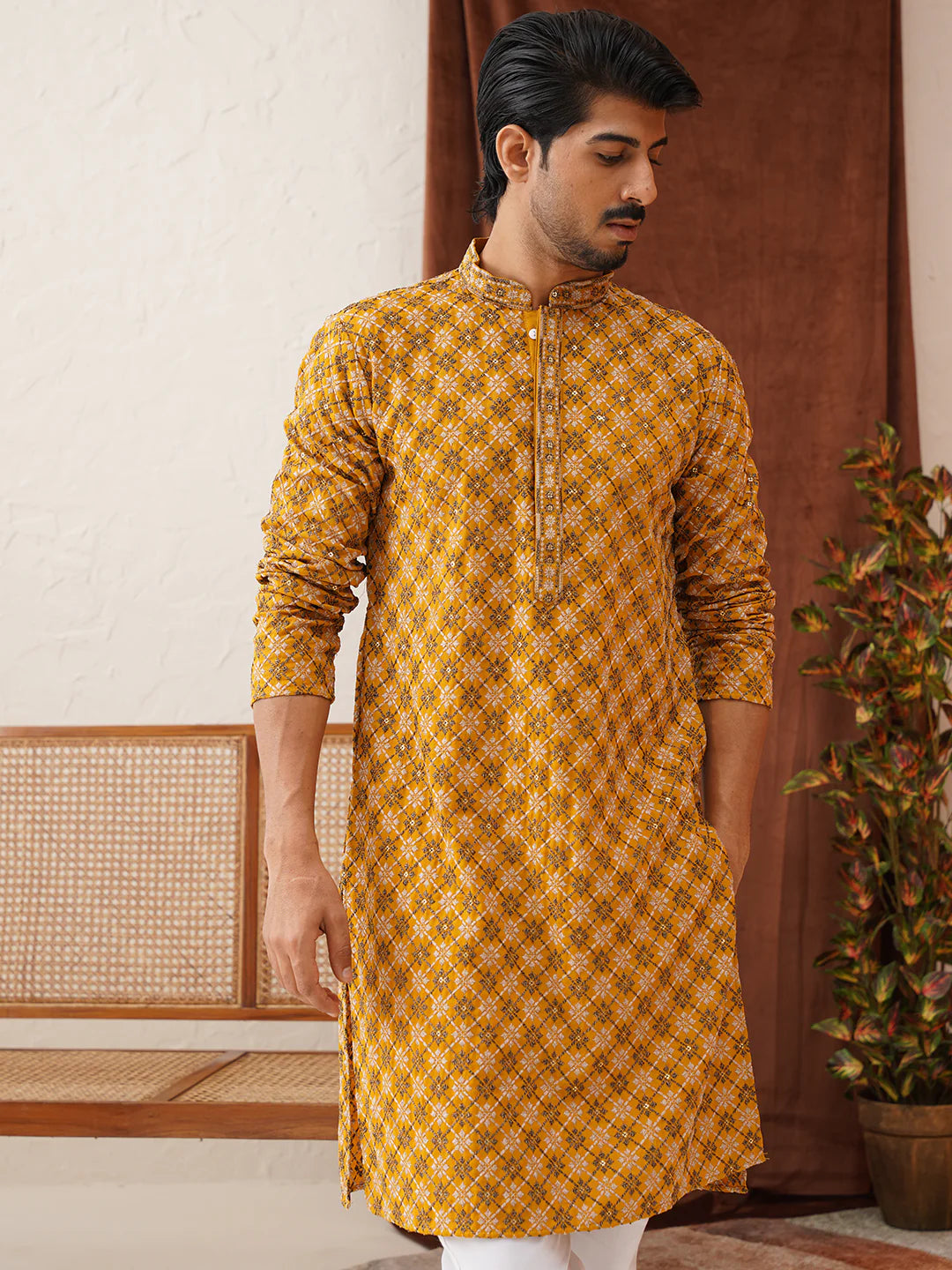 embroidered kurta pyjama set for men mustard