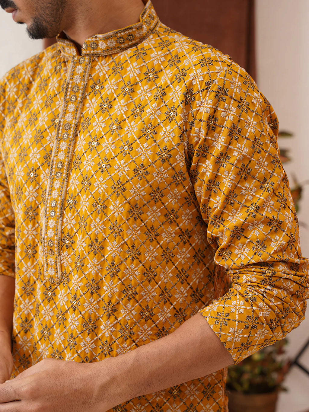 embroidered kurta pyjama set for men mustard