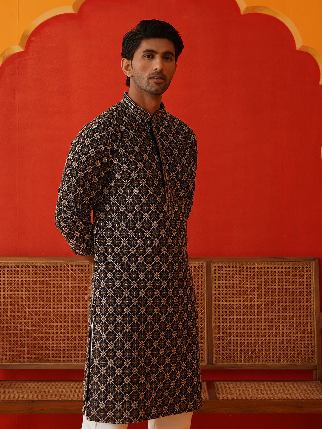 embroidered kurta pyjama set for men navy