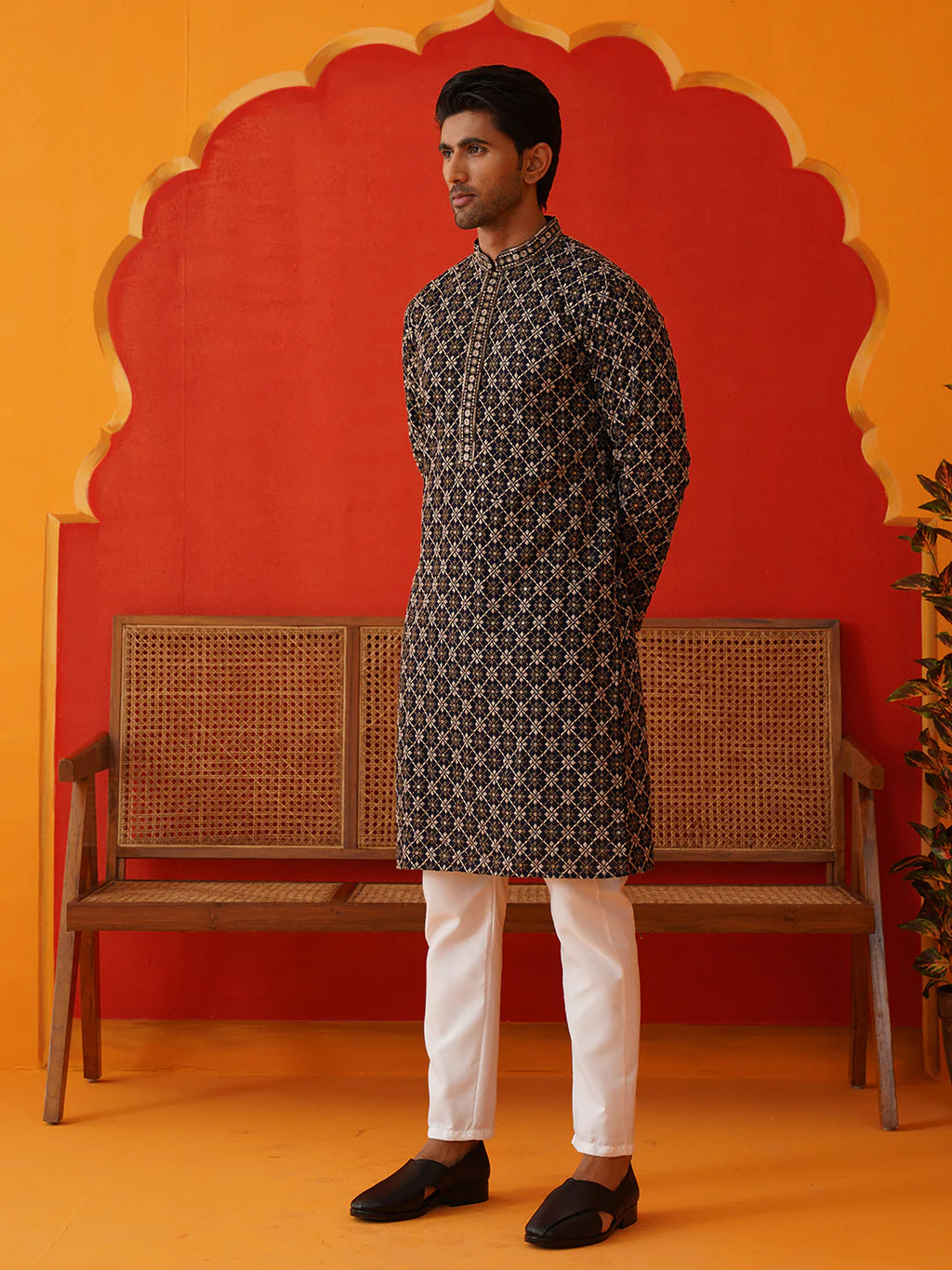 embroidered kurta pyjama set for men navy