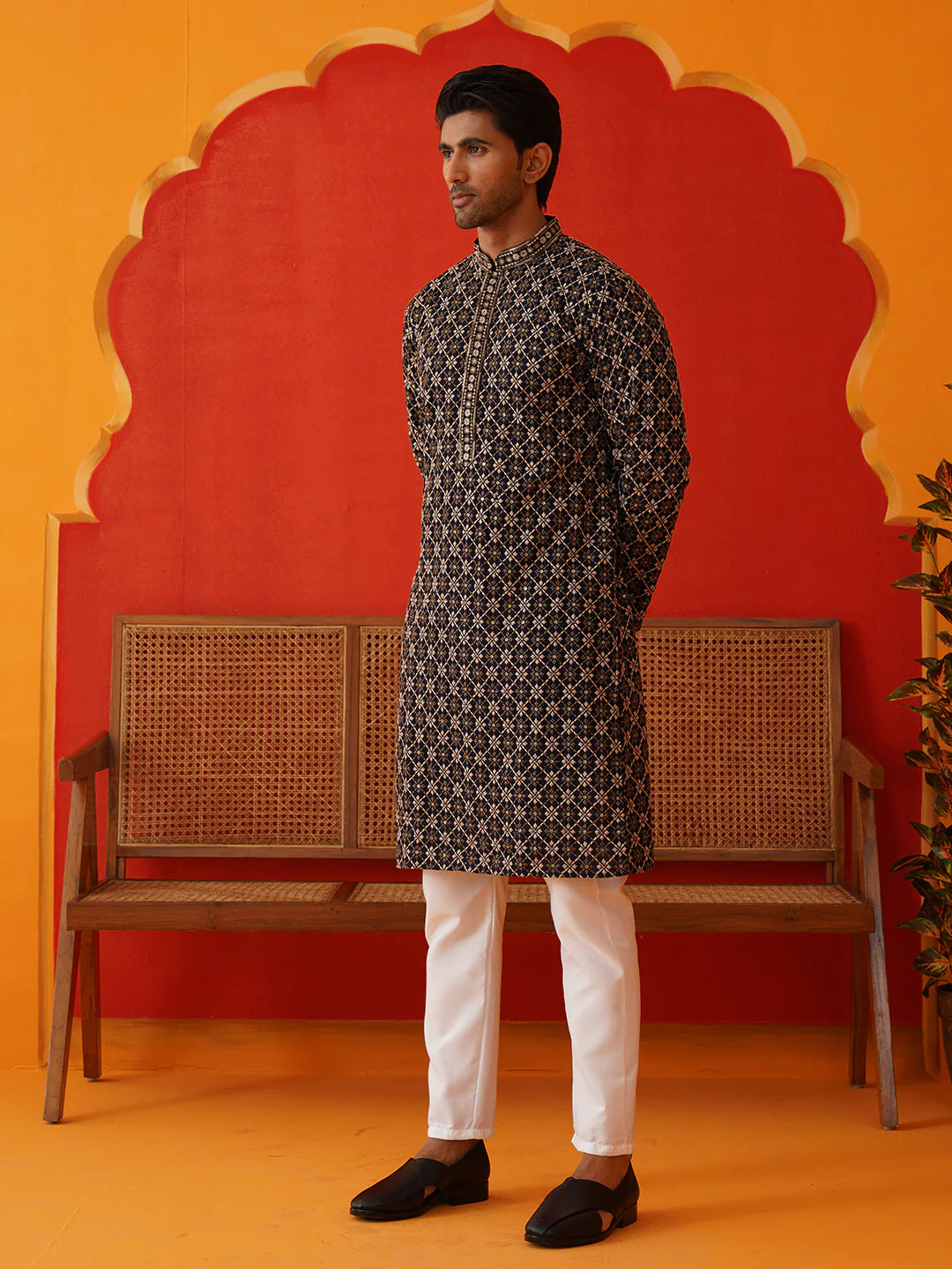 embroidered kurta pyjama set for men navy