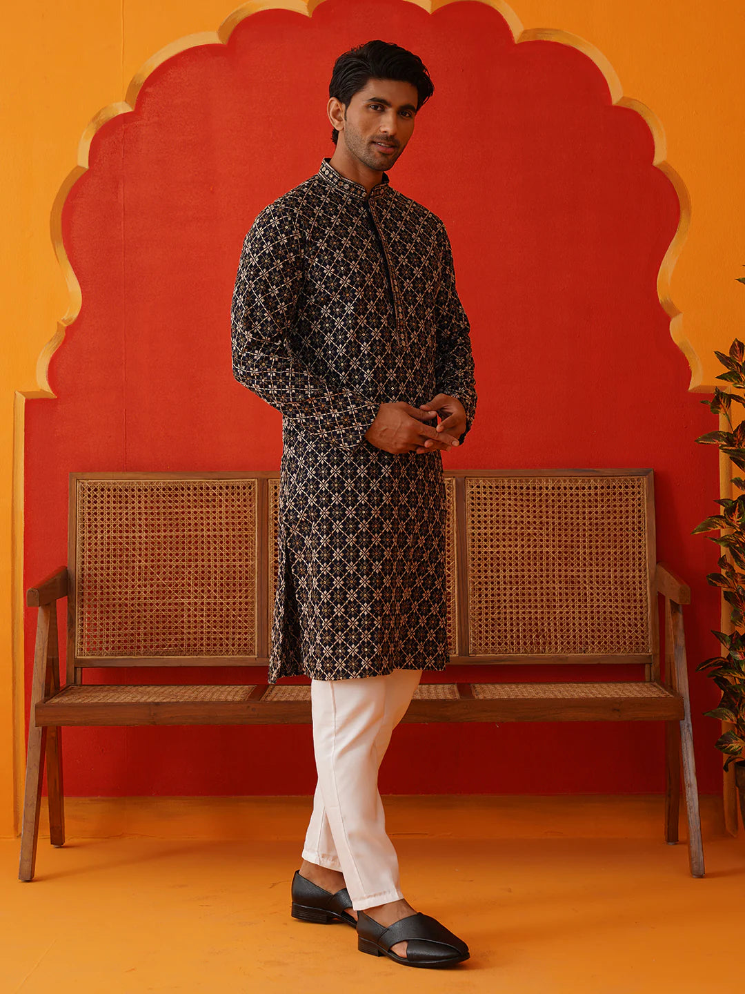 embroidered kurta pyjama set for men navy