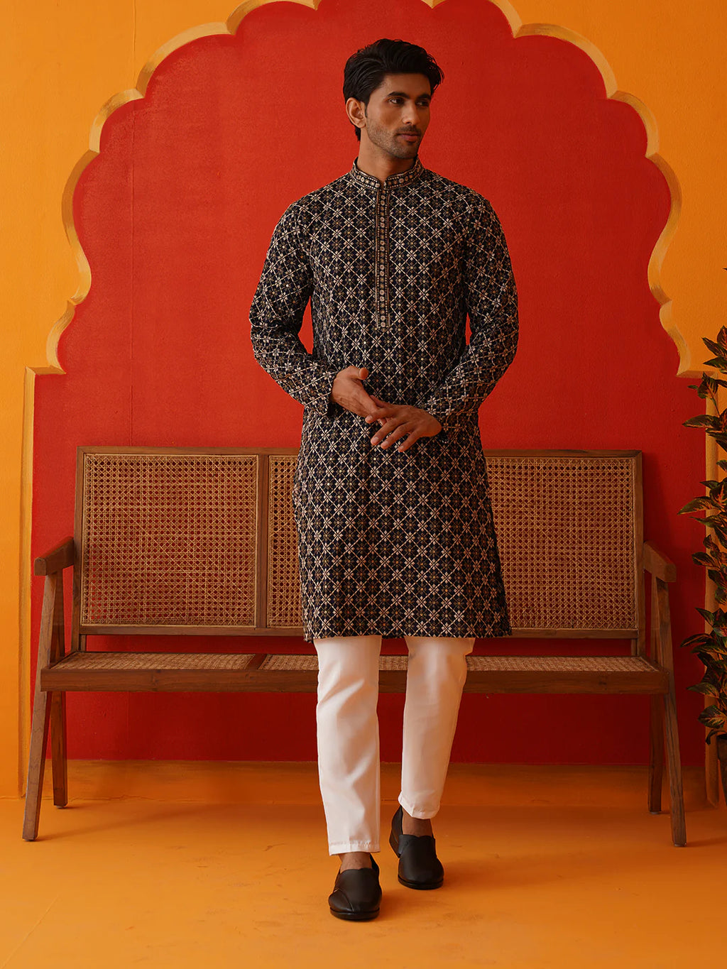 embroidered kurta pyjama set for men navy