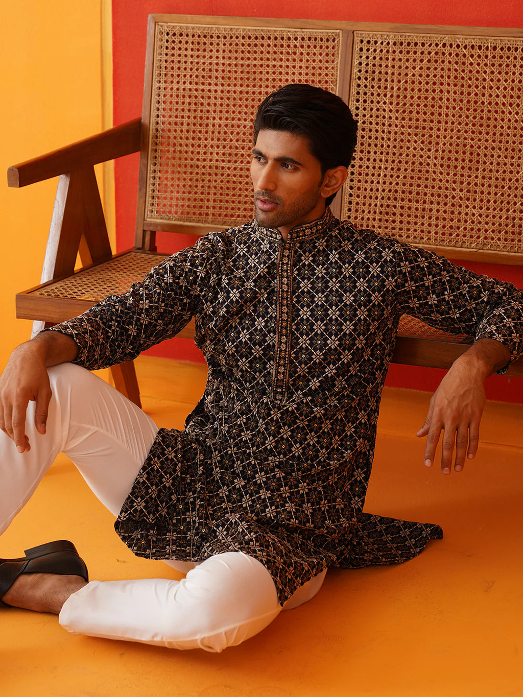 embroidered kurta pyjama set for men navy