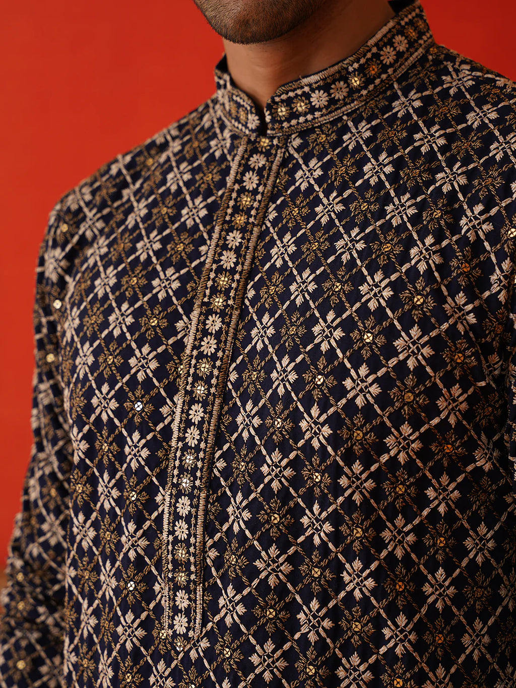 embroidered kurta pyjama set for men navy