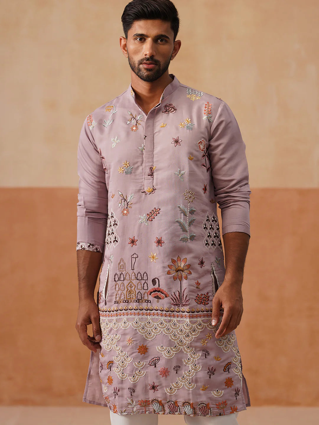 floral embroidered sequins kurta set purple 1