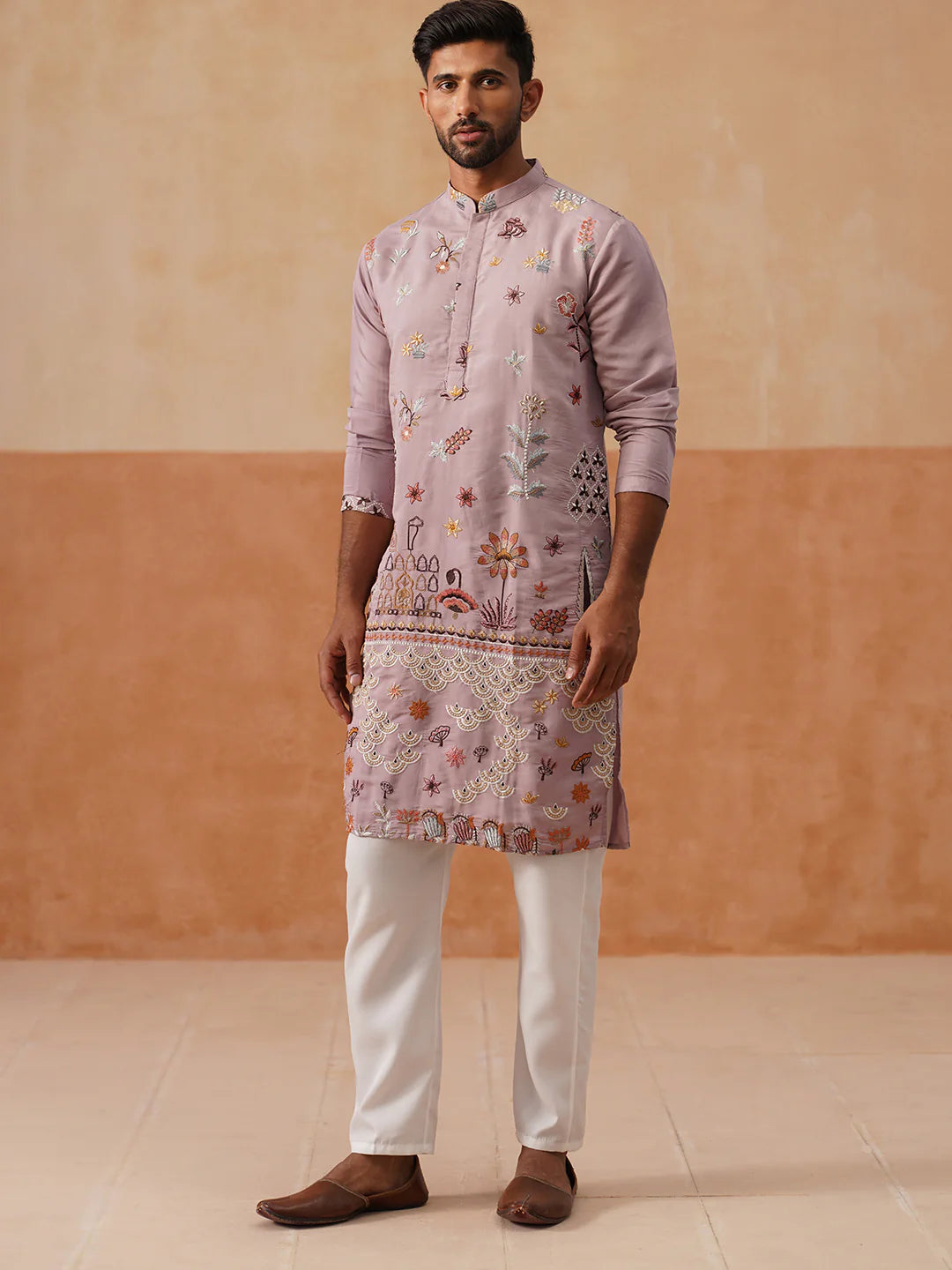 floral embroidered sequins kurta set purple 1