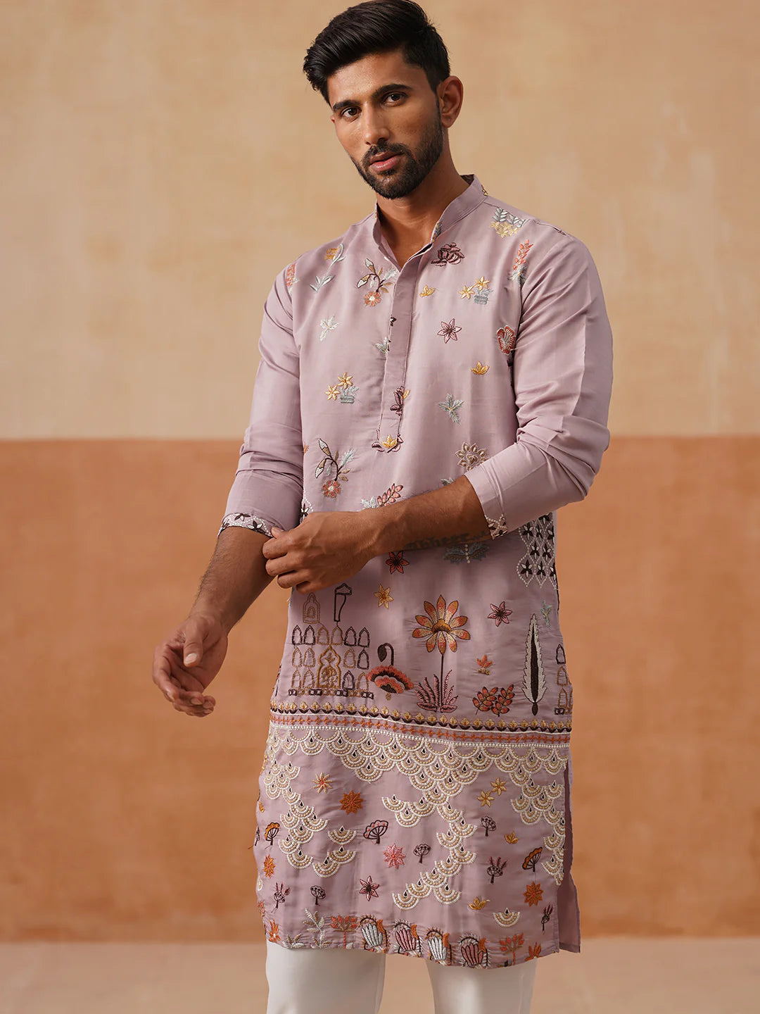 floral embroidered sequins kurta set purple 1
