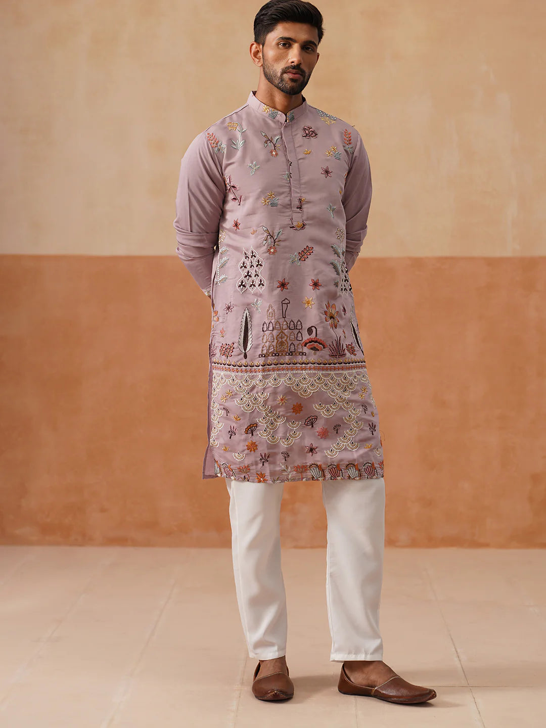 floral embroidered sequins kurta set purple 1