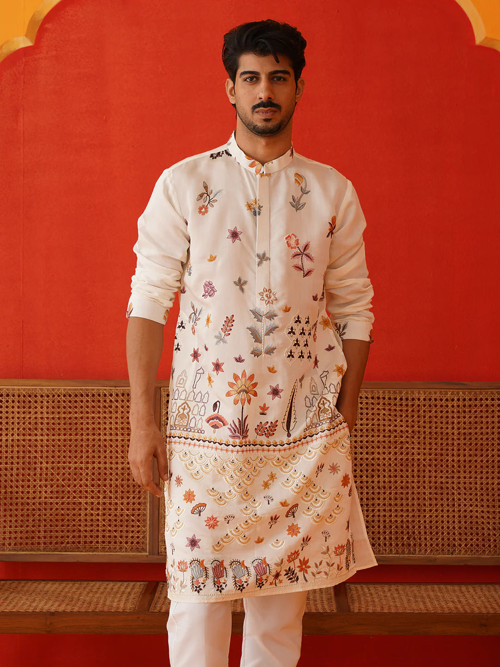 floral embroidered sequins kurta set white