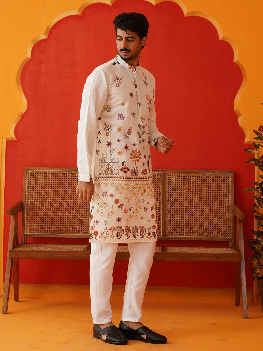 floral embroidered sequins kurta set white
