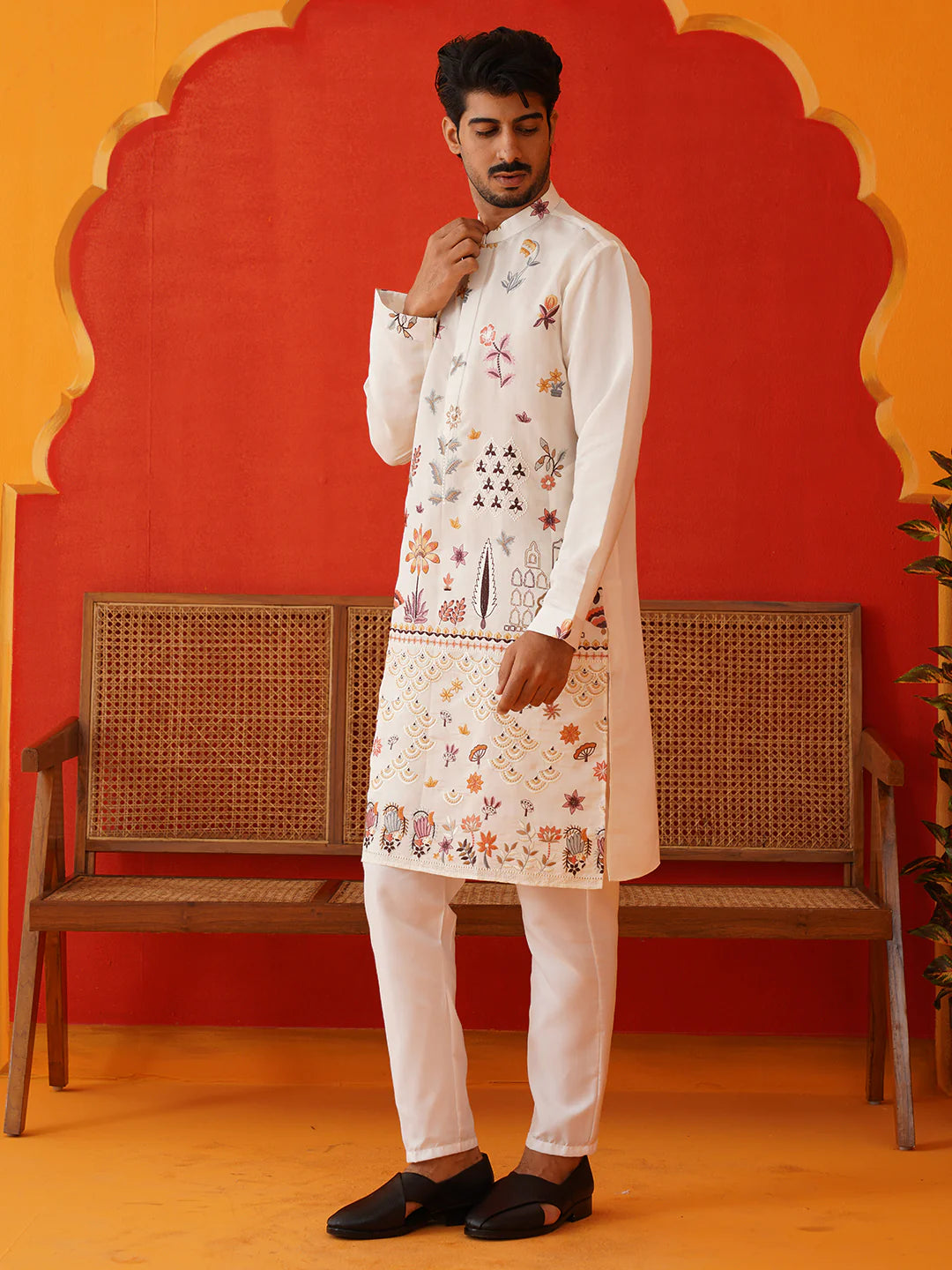 floral embroidered sequins kurta set white