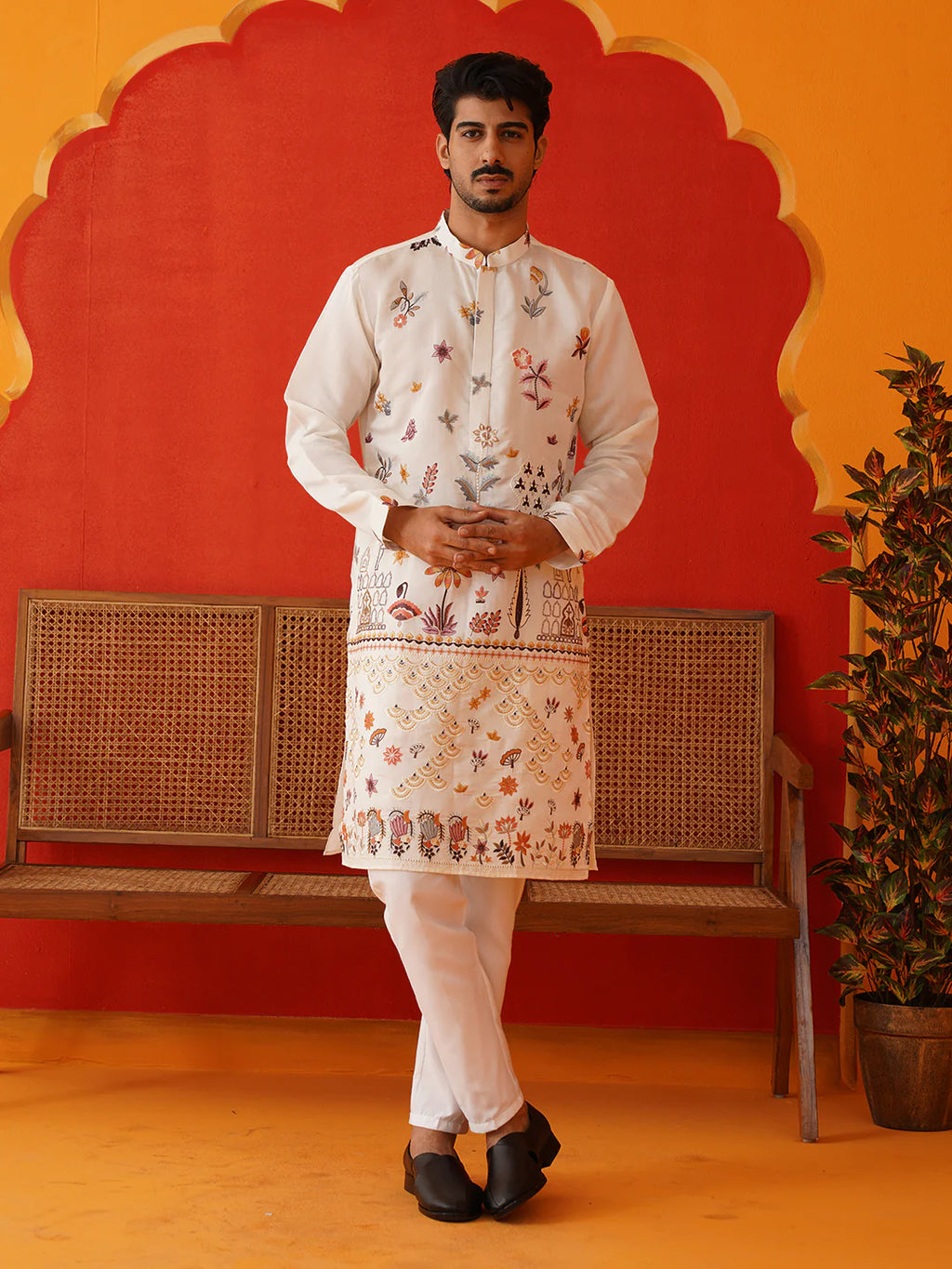 floral embroidered sequins kurta set white