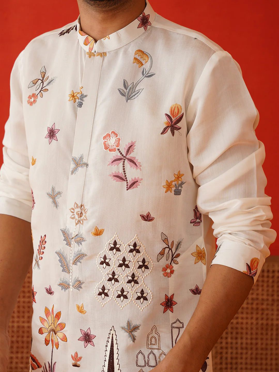 floral embroidered sequins kurta set white