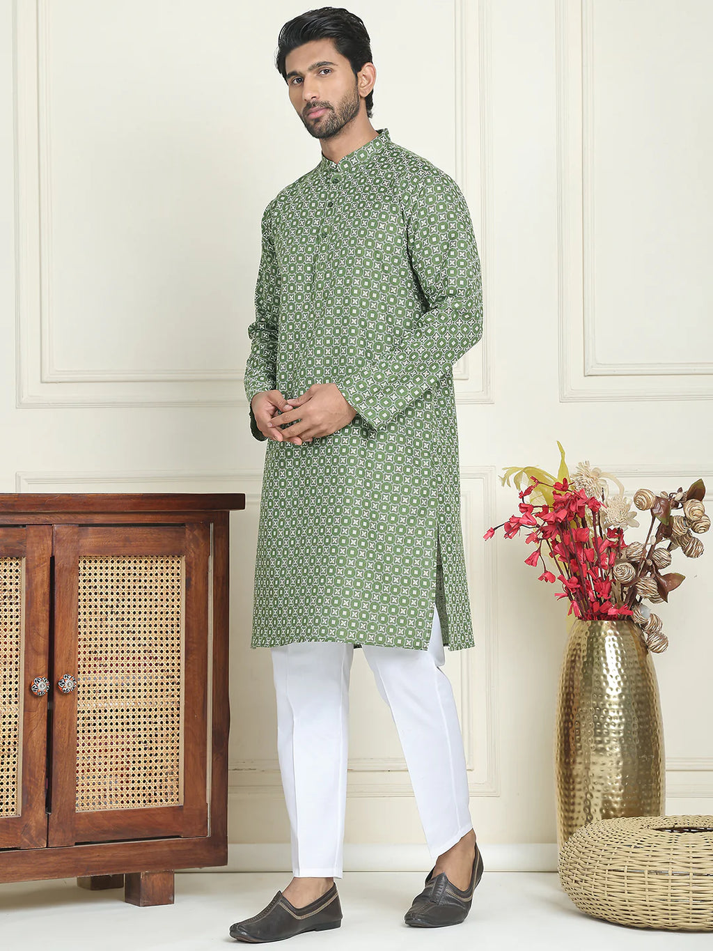 mens geometric printed kurta set