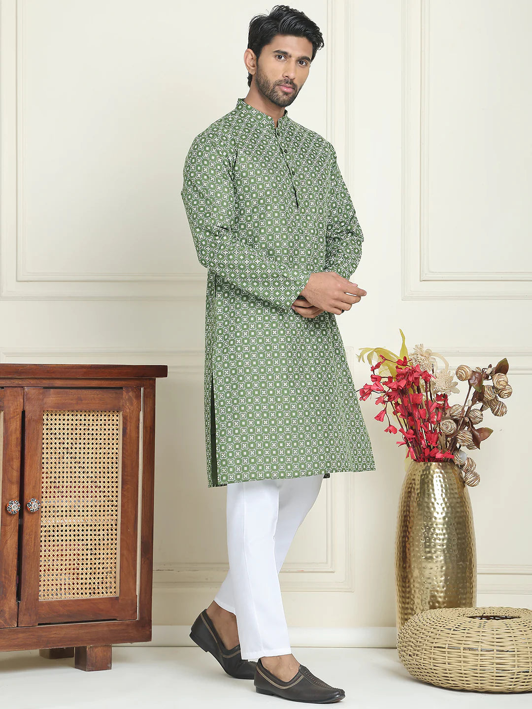 mens geometric printed kurta set