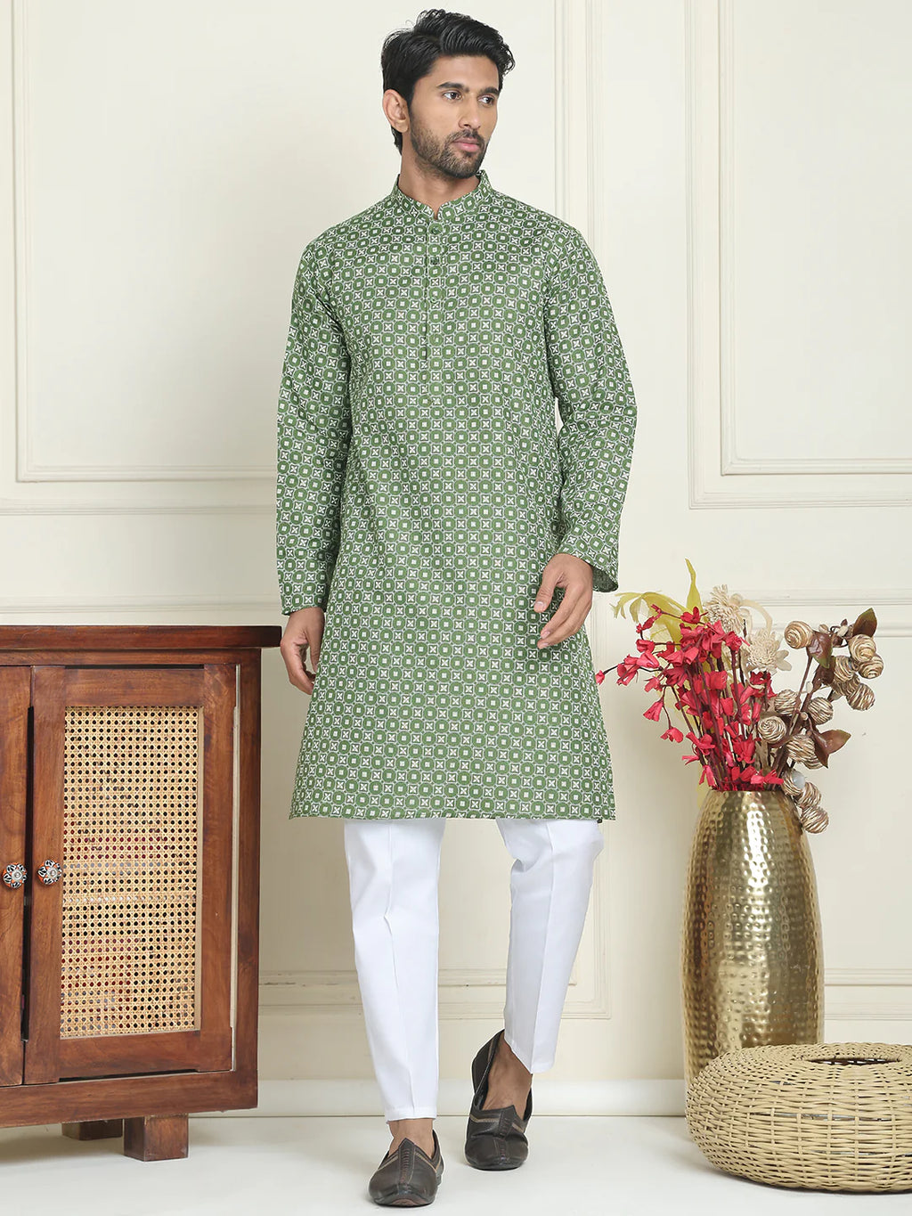 mens geometric printed kurta set