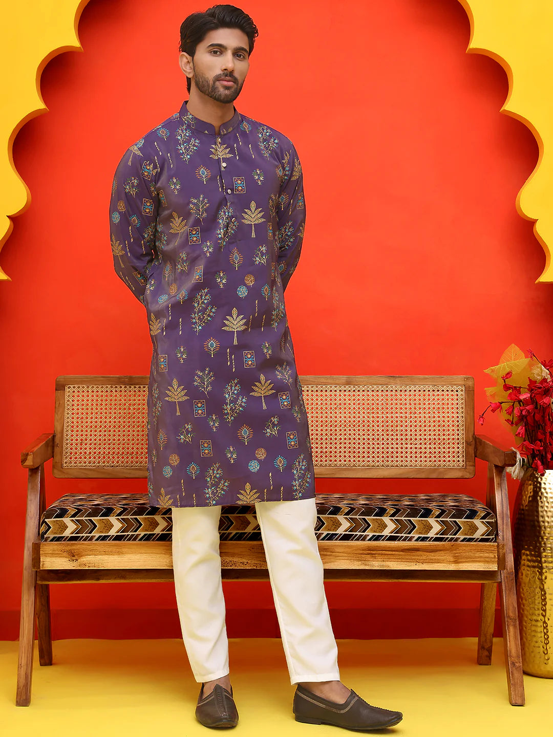 printed silk blend straight kurta set