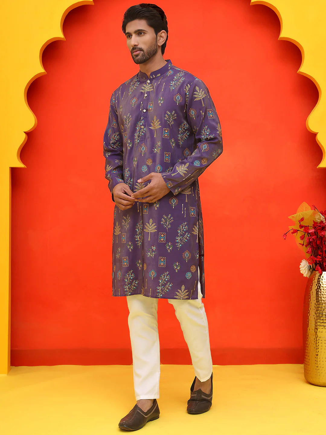 printed silk blend straight kurta set